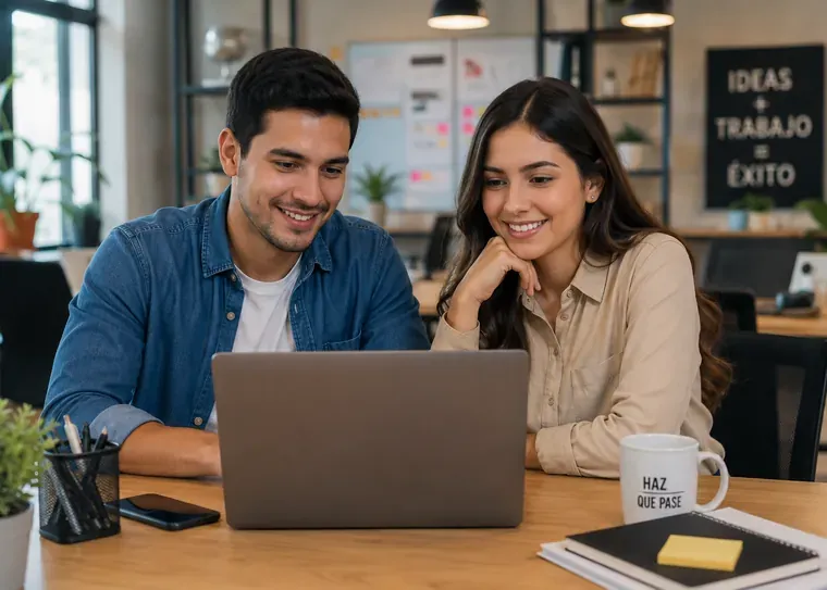 Dos emprendedores latinoamericanos sonriendo mientras miran juntos la pantalla de una laptop en su oficina