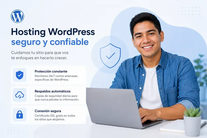 Emprendedor trabajando tranquilo en su laptop con su sitio WordPress seguro, protegido con SSL y respaldos automáticos