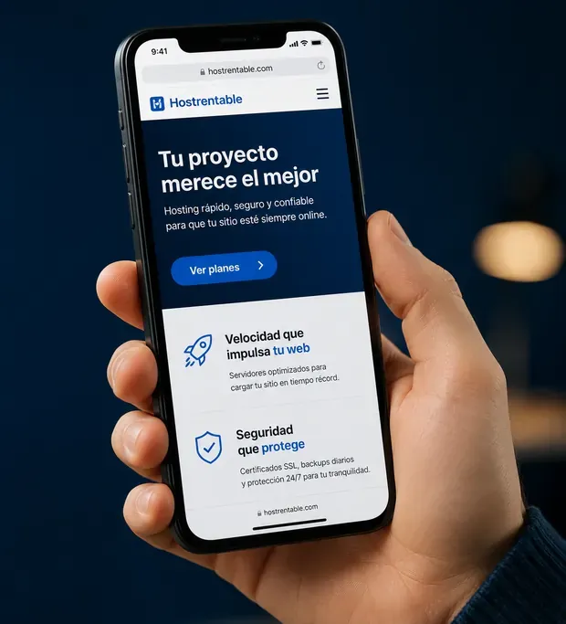 Mano sosteniendo un teléfono que muestra el sitio web de NegocioHost, rápido y seguro
